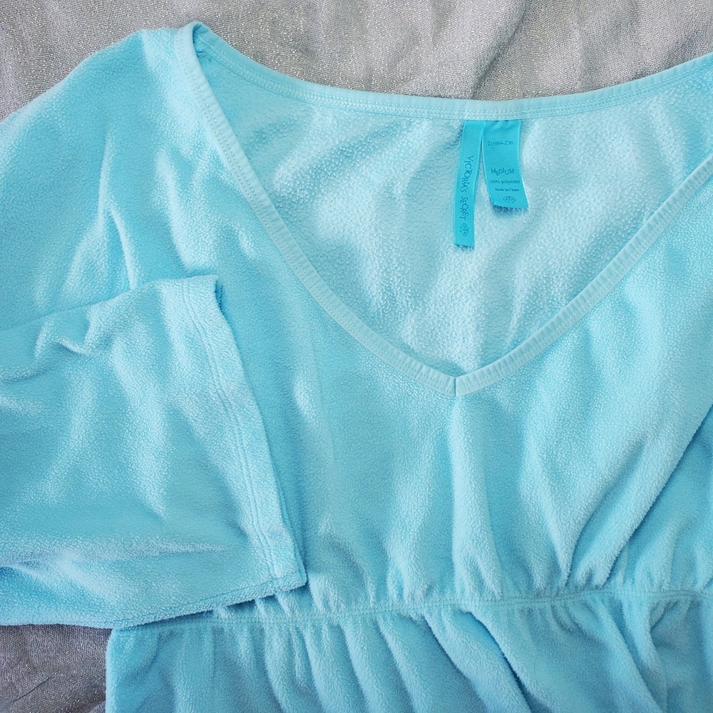 VTG Victoria Secret Blue Terry Cloth V Neck Gathered‎ Waist BabyDoll M Soft